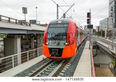 MOSCOW, RUSSIA - SEPTEMBER 13, 2016: Central Circle Line MCC Lastochka train at the station Delovoj centr