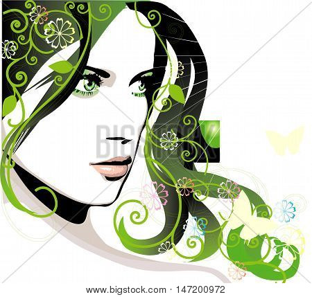 vector spring girl with flowers in thick long hair