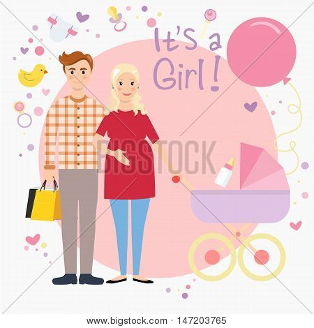 Illustration of a pregnant couple waiting for a baby girl. Happy family expecting baby. Pregnant wife and her husband. All the newborn stuff vector illustration.