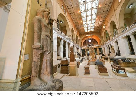 CAIRO, EGYPT - 02 JANUARY 2016 : Wide angle interior view of Egyptian Museum in Cairo.


