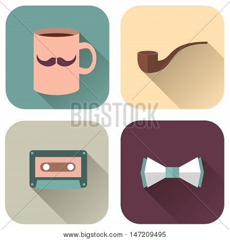 Vector Illustration of Hipsters Accessories. Icons cup with mustache pipe audiocassette and bow tie