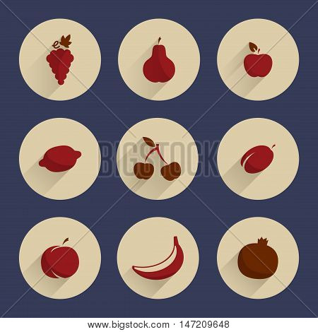 Vector set round icons with fruit. Maroon fruit with long shadow