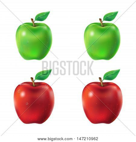 Set of vector illustration of a juicy green and red apples with leaf and dew drops.