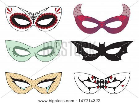 Cut out paper Halloween masks: dead face, zombie, pop art face, devil, bat and clown. Actual size. Vector set isolated on white.