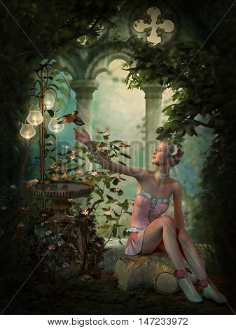 3d computer graphics of a girl birds and a birdbath