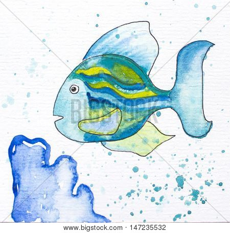 Fish with blue coral - watercolor painted illustration. Coral reef painting. Striped coral fish in cartoon style with black ink outline. Sea life with animal. Watercolour splashes and drops on white