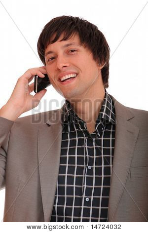 a telefon, elszigetelt fehér fiatal üzletember