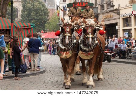 BELGIUM, BRUSSELS - SEPTEMBER 06, 2014: Belgian Beer Weekend 2014. The most famous beer festival in Belgium. Parade of beer manufacturers.