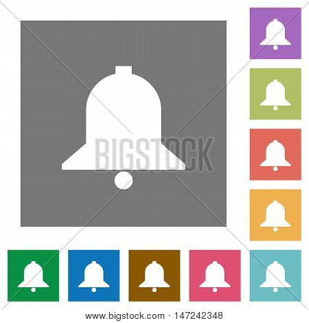 Bell flat icon set on color square background.