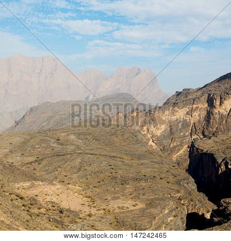 In Oman  The Old Mountain Gorge And Canyon The Deep Cloudy  Sky