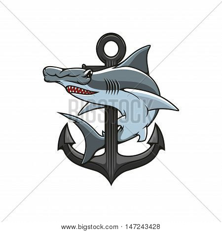 Hammer-head Shark and Anchor icon. Heraldic emblem. Vector nautical shield for heraldry template, t-shirt, shield sign
