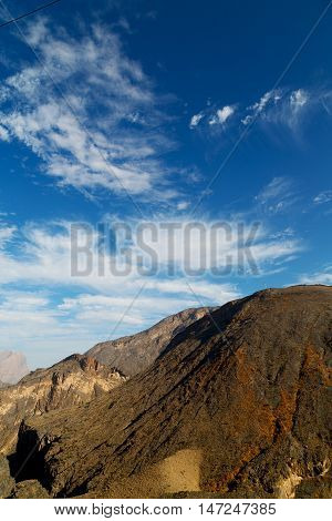 In Oman  The Old Mountain Gorge And Canyon The Deep Cloudy  Sky