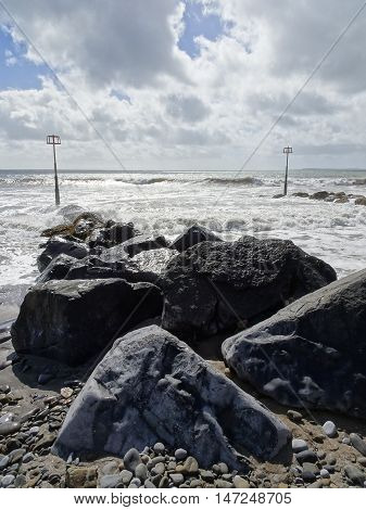 Rocky beach waves seascape photographed at Amroth in Pembrokeshire