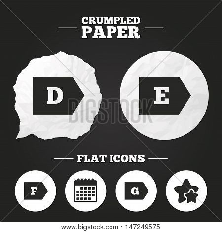 Crumpled paper speech bubble. Energy efficiency class icons. Energy consumption sign symbols. Class D, E, F and G. Paper button. Vector