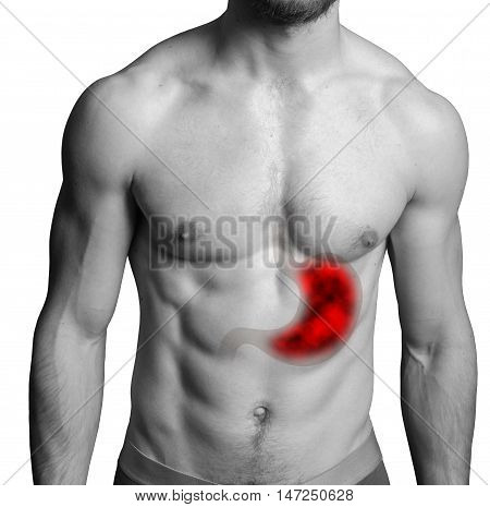 shirtless muscular man with pain in stomach