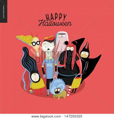 Treak or treat group of children, greeting card with lettering. Vector cartoon illustrated group of kids wearing Halloween costumes and a french bulldog, scared by something. Composition accompained