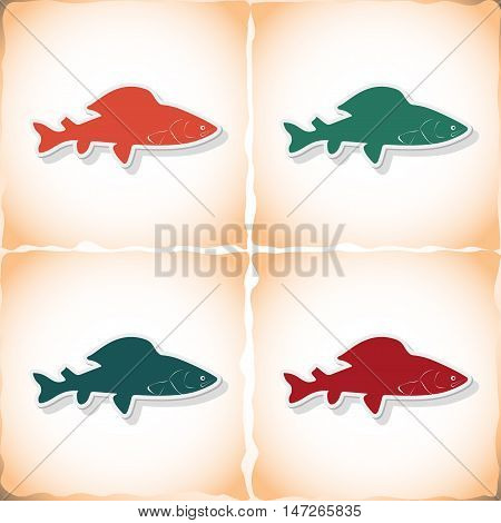 Fish grayling. Flat sticker with shadow on old paper. Vector illustration