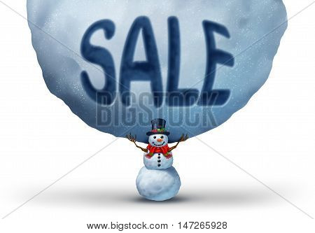 Winter sale icon with a snowman lifting up a giant snowball with text embosed in the snow as a retail marketing and promotion symbol to advertise a Chritmas specials or holiday rebates with 3D illustration elements.
