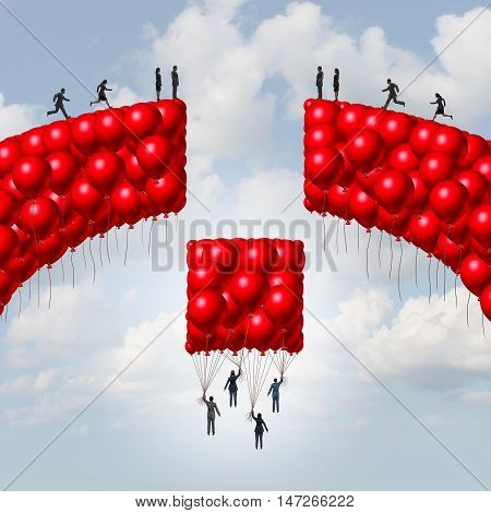 Management team business concept as a group of balloons shaped as a broken bridge with leaders rising up with a balloon collection bridging the gap as a solution metaphor for teamwork and global unity symbol with 3D illustration elements.