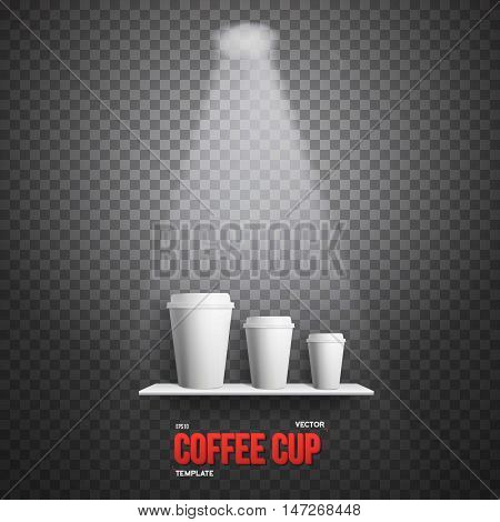 Illustration of Realistic Vector Coffee Cup Takeout Template Set. White Paper Coffee Cup Mockup Set on Shelf Under Transtarent Light Effects