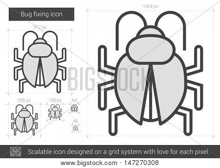 Bug fixing vector line icon isolated on white background. Bug fixing line icon for infographic, website or app. Scalable icon designed on a grid system.