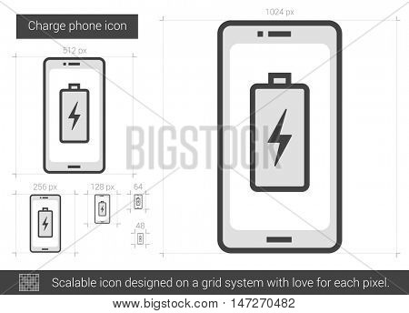 Charge phone vector line icon isolated on white background. Charge phone line icon for infographic, website or app. Scalable icon designed on a grid system.