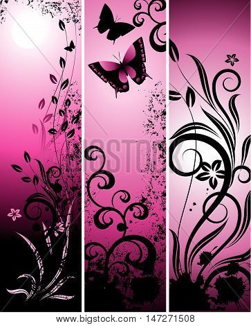 Set of vector banners with black flowers and butterfies