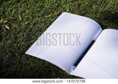 open notebook and pencil on grass field in park (vintage background)