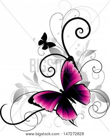 Beautiful pink butterfly on floral background. Summer design