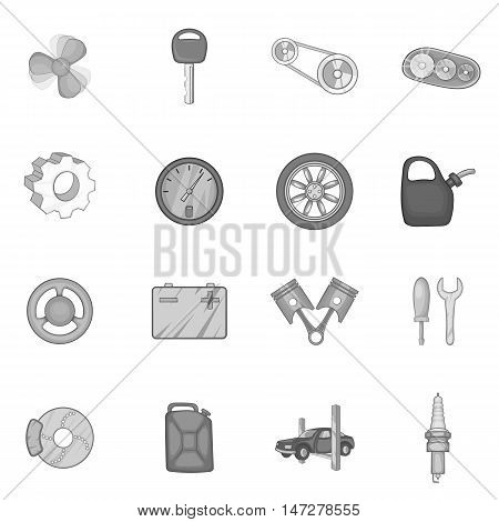 Auto spare parts icons set in black monochrome style. Car maintenance set collection vector illustration