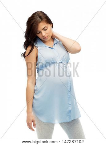 pregnancy, health, people and expectation concept - pregnant woman in bed touching her back and suffering from neckache over white background