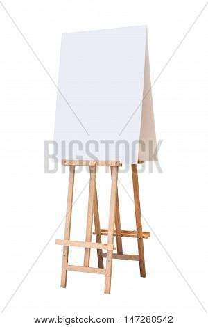 wooden easel with blank board isolated on white background