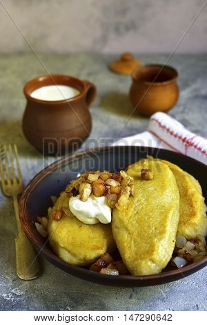 Fried Zeppelin (cepelinai) - Tradishional Lithuanian Potato Patty Stuffed With Meat.