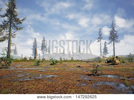 3D rendering of prehistoric Hell Creek about 67 million years ago.