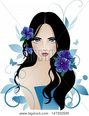 Young beautiful girl with blue flowers in black hair