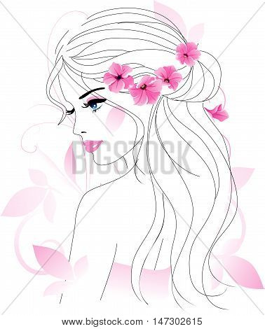 Beautiful young girl with pink flowers in long hairs