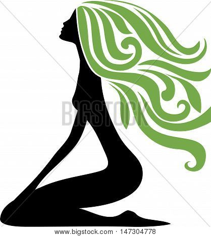 Vector girl silhouette with long green hair. Health icon
