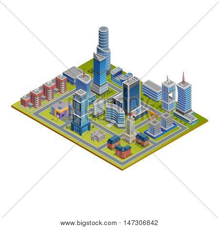 Isometric cityscape with skyscrapers historic and modern buildings and stores on white background vector illustration