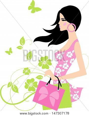 Vector shopping girl with bags in hand