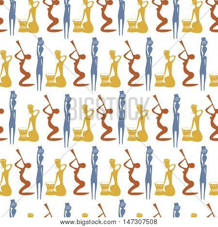 Seamless pattern with beautiful African women with vases, fife and drums. Pastel colors pattern. Native ethnical seamless background