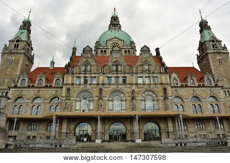 Hanover, Germany - April 18, 2016. Facade of Neues Rathaus in Hanover