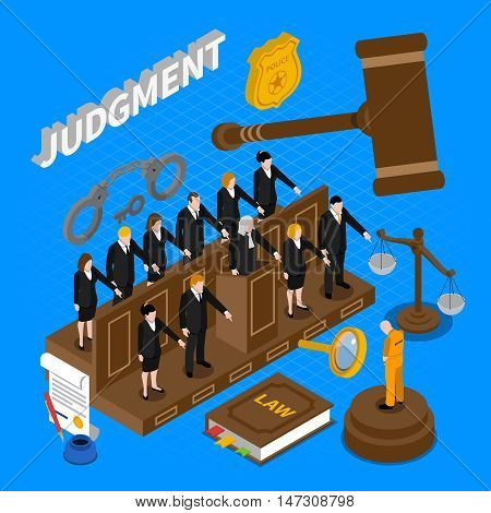 Color isometric composition depicting trial prisoners by jury vector illustration