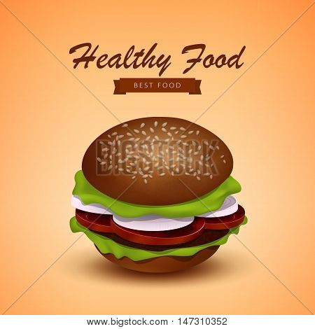 Tasty Juicy Burger with Cutlet, Tomatoes, Onions and Salad, Fastfood , Vector Illustration