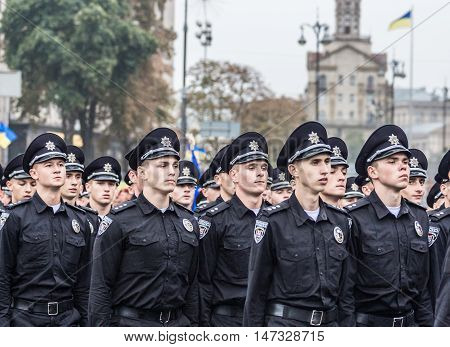 KYIV, UKRAINE - AUGUST 24, 2016: Soldiers of the National Police of Ukraine during military parade in Kyiv, dedicated to the Independence Day of Ukraine