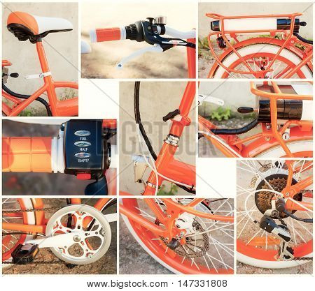 Electric bike parts close-up set against the ground. Warm toned images