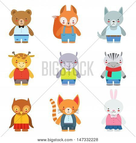 Toy Kids Animals In Clothes Characters Set. Cute Cartoon Childish Style Illustrations Isolated On White Background.