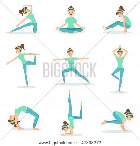 Girl In Blue Training Clothes Demonstrating Yoga Postures. Set Of Simple Childish Design Illustrations With Female Character Doing Yoga Poses. Isolated Vector Stickers On White Background.