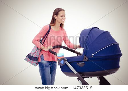 Full length portrait of a mother with a stroller, isolated on white background