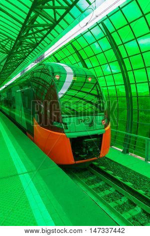 MOSCOW, RUSSIA - SEPTEMBER 13, 2016: Central Circle Line MCC Lastochka train at the station Delovoj centr