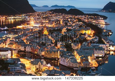 Beautiful Super Wide-angle Summer Aerial View Of Alesund, Norway, With Skyline And Scenery Beyond Th